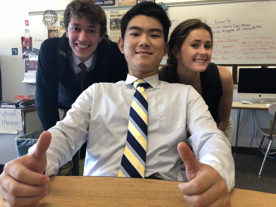 Min Shin, a senior at NPHS, takes time from his academics to pose for a picture with his classmates from public speaking, Kevin Snow and Jess Warner.