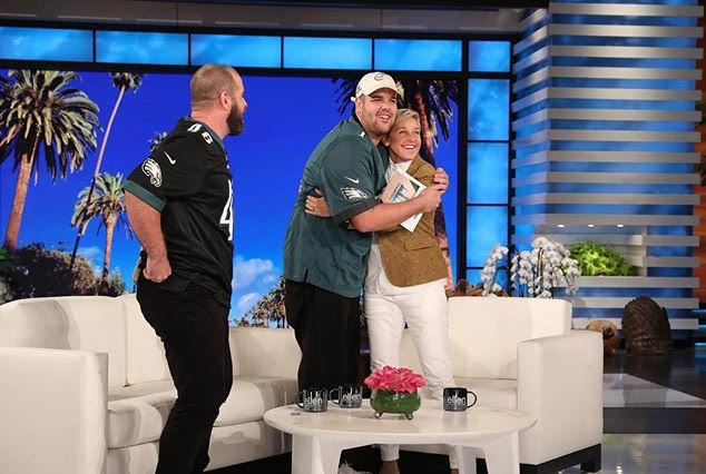 Ben Hartranft hugs Ellen DeGeneres. Ben appeared on her show back in October of 2018.