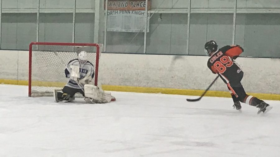 Freshman, Nick Ebbinghaus, provides another brick wall effort in net for the Knights hockey squad, following a wrist shot by Pennsbury’s Erik Eisler 