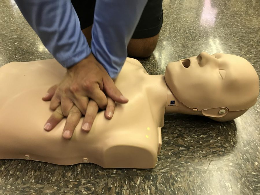 The mannequin being used properly showing the two green dots indicating that the person is putting the right amount of force on it.