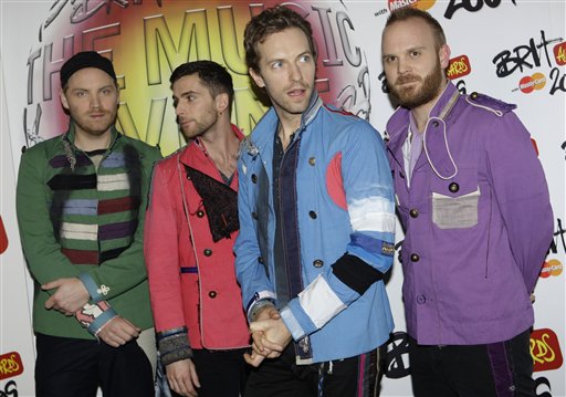 British band Coldplay pose backstage at the Brit Awards 2009 at Earls Court exhibition centre in London, England, Wednesday, Feb. 18, 2009. (AP Photo/Joel Ryan)