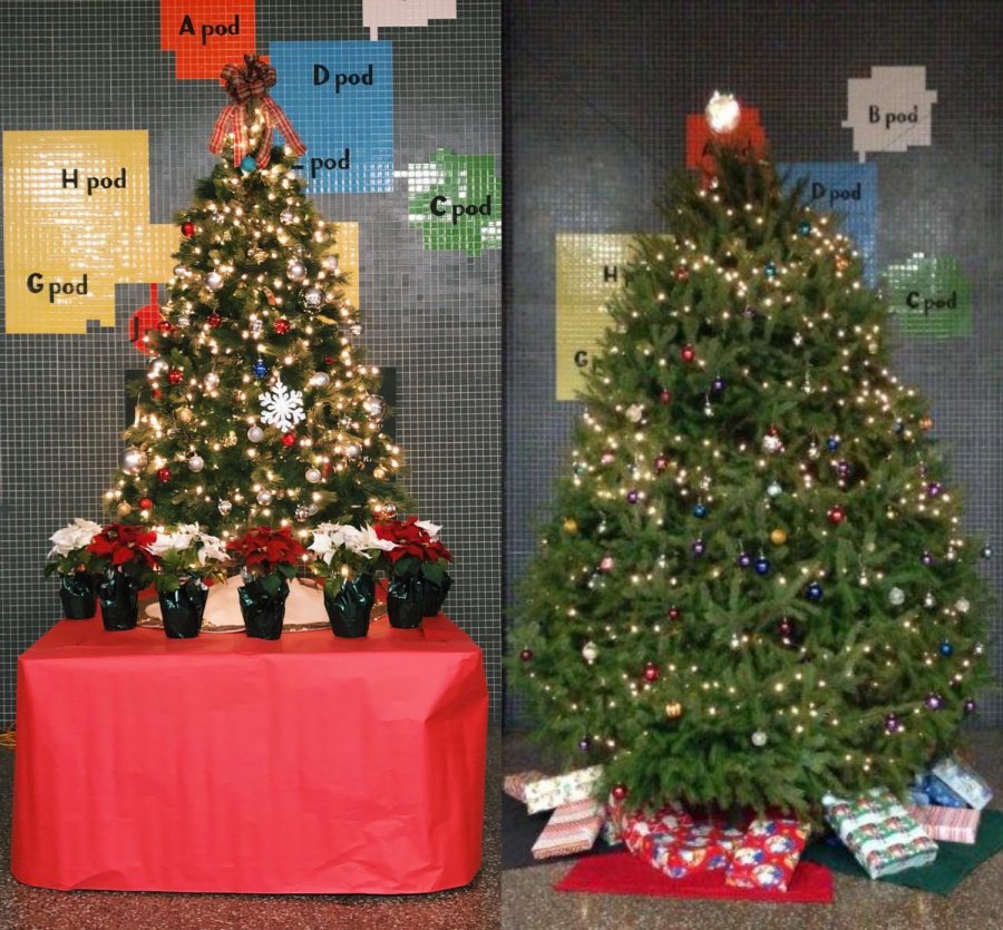 This picture shows a side-by-side comparison of the current Christmas tree in the NPHS lobby (left), and the tree from previous years (right).