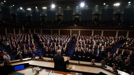 President Donald Trump deliver his State of the Union address to a joint session of U.S. Congress on Capitol Hill in Washington, Tuesday, Jan. 30, 2018. (Jim Bourg/Pool via AP)