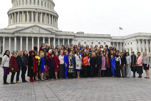 The women of the 116th Congress pose for a group photo on Capitol Hill in Washington, Friday, Jan. 4, 2019. (AP Photo/Susan Walsh)