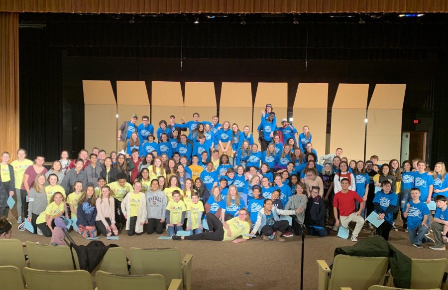 North Penn Thespian troupe 5464 gets together for a group picture with over a hundred middle school students that came to the annual Middle School Worskshops. This is an event to show the students coming up to the high school what theatre is like and what they can expect, while also supporting TIOS.