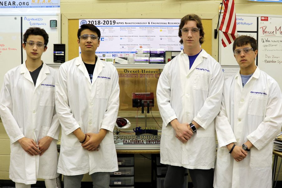From L-R, Ben Jimenez, Darsh Patel, Jason Beideman, and Hunter Fidik pause for a break in their nanotech and engineering  work in H-3 at NPHS. The work of these students and more will be featured in this years annual nanotech and engineering symposium on May 30th at NPHS.