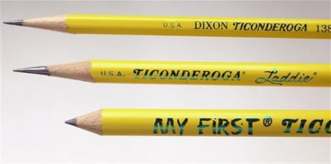 This Aug. 11, 2004 file photo shows the three standbys of the Ticonderoga line, from left, produced at the Dixon plant in Versailles, Mo., are the My First pencil for young beginning writers, the Laddie, an intermediate pencil for kids making the transition from printing to cursive writing and the traditional hexagonal-shaped Ticonderoga #2. Long home to an unchanging bunch of yellow No. 2 pencils and thick pink erasers, the pencil case has gotten a makeover. Thanks to the onslaught of kid-focused marketing and the growing presence of technology in childrens lives, those perennial favorites have become so last semester. (AP Photo/Sedalia Democrat, Sydney Brink, FILE)