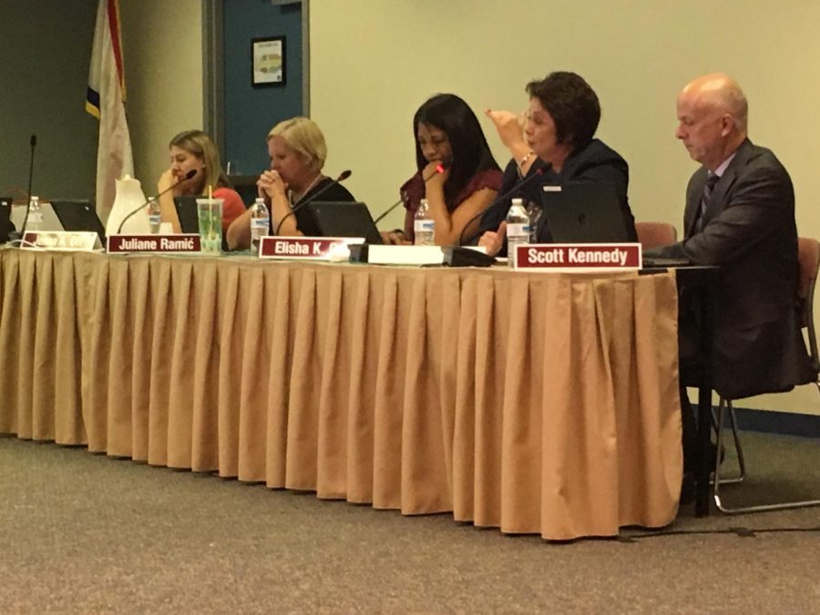 Over the past three years, attending School Board meetings has played a significant role in my high school career. Shown above is a photo from a Board meeting earlier this school year.