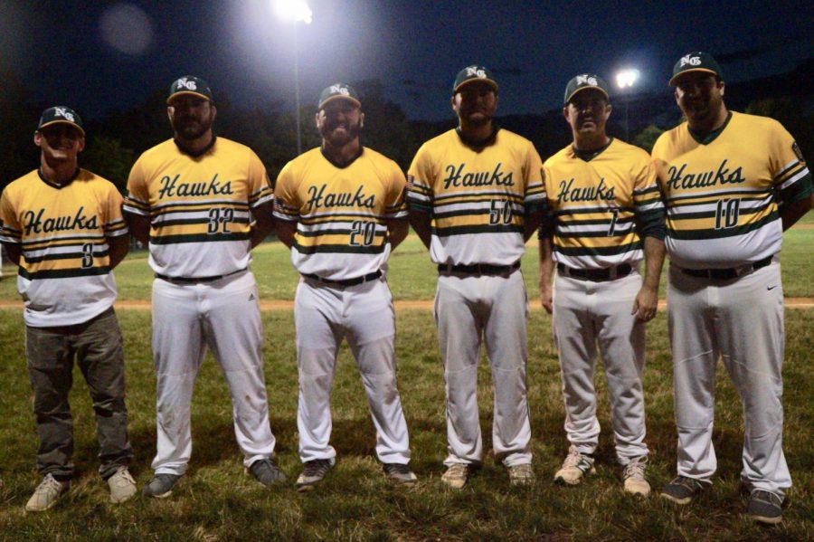 The Hawks coaching staff (from left to right: Coach Yac, Coach Smink, Coach Cameron, Coach Billetz, Coach Bart, and Coach Bertucci) pose for a picture after a 3-2 extra inning victory over Hatfield-Towamencin.