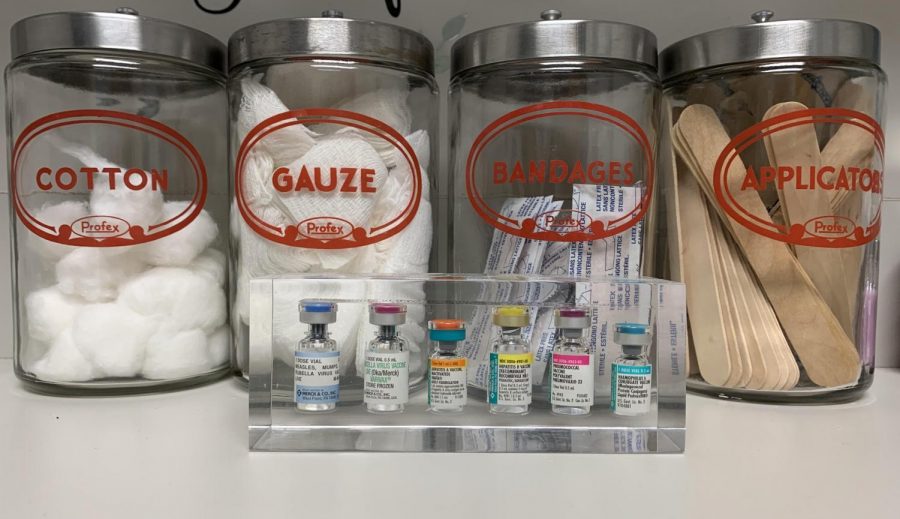 A paperweight on display in the nurses office represents vaccines that prevent several types of diseases.