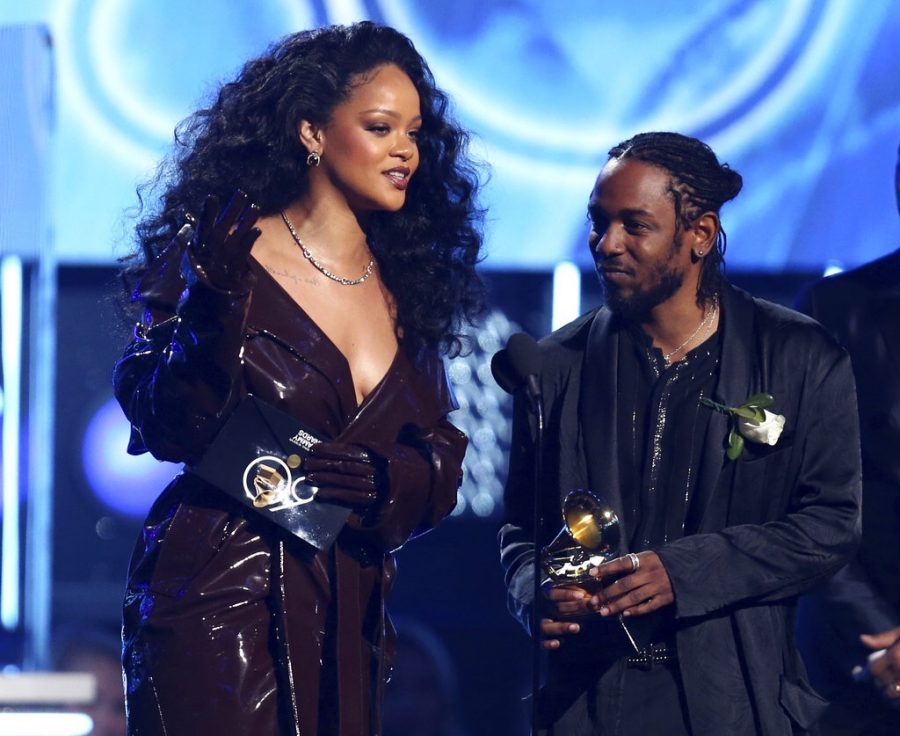 Rihanna, left, and Kendrick Lamar accept the award for best rap/sung performance for Loyalty. at the 60th annual Grammy Awards at Madison Square Garden on Sunday, Jan. 28, 2018, in New York.
