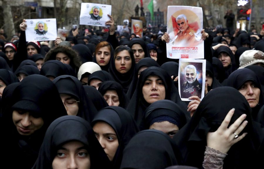 Protesters demonstrate over the U.S. airstrike in Iraq that killed Iranian Revolutionary Guard Gen. Qassem Soleimani in Tehran, Iran, Saturday Jan. 4, 2020. Iran has vowed harsh retaliation for the U.S. airstrike near Baghdads airport that killed Tehrans top general and the architect of its interventions across the Middle East, as tensions soared in the wake of the targeted killing. (AP Photo/Ebrahim Noroozi)