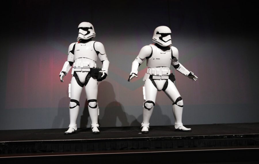 Star Wars stormtroopers stand on stage during a Panasonic news conference before the CES tech show, Monday, Jan. 6, 2020, in Las Vegas. (AP Photo/John Locher)