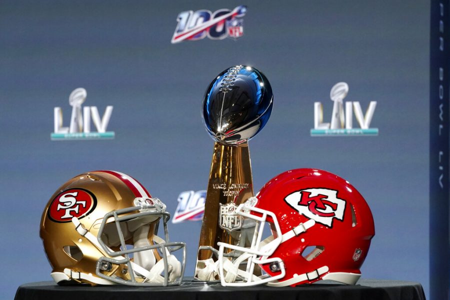 The Vince Lombardi Trophy is displayed before a news conference for the NFL Super Bowl 54 football game Wednesday, Jan. 29, 2020, in Miami. (AP Photo/David J. Phillip)