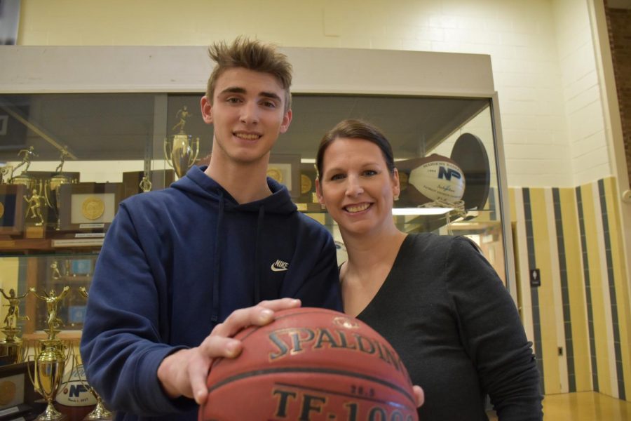 Head Coach of the girls basketball team, Jen Carangi, with her son, junior Rob Carangi, who is a member of the boys basketball team.