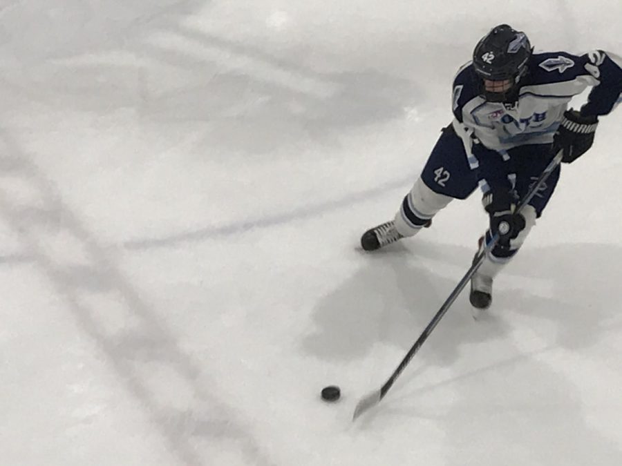 Jeromy Porubski carries puck for North Penn across center ice.