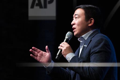 Democratic presidential candidate entrepreneur Andrew Yang speaks during the New Hampshire Youth Climate and Clean Energy Town Hall, Wednesday, Feb. 5, 2020, in Concord, N.H. (AP Photo/Mary Altaffer)