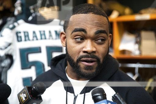 Philadelphia Eagles defensive end Brandon Graham speaks with members of the media at the NFL football teams practice facility in Philadelphia, Monday, Jan. 6, 2020. The eagles ended their season with a 17-9 loss to the Seattle Seahawks on Sunday. (AP Photo/Matt Rourke)