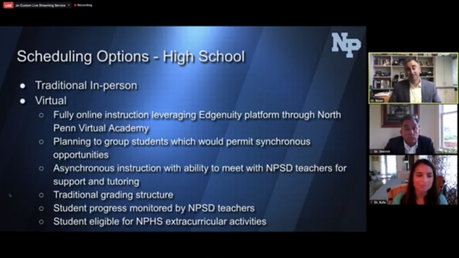 Assistant Superintendent Dr. Todd Bauer, Superintendent Dr. Curt Dietrich, and Assistant Superintendent Dr. Jenna Rufo discuss scheduling for North Penn High School.