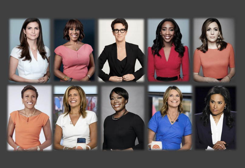 Female news anchors from networks MSNBC, CNN, CBS, and NBC (L-R;  top: Kaitlen Collins, Gayle King, Rachel Maddow, Abby Phillip, Hallie Jackson. bottom: Robin Roberts, Hoda Kotb, Joy Reid, Savannah Guthrie, Kristen Welker)