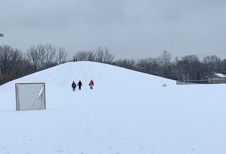 As a result of the Crawford Stadium renovation taking place, a new sledding attraction has risen right next to the softball fields.