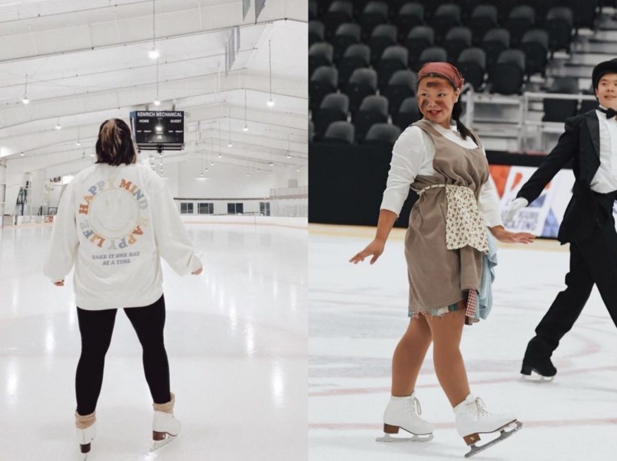 (Image description from L-R) Practice at Hatfield Ice in January 2021; 2019 Theatre on Ice Nationals - Pelham Civic Complex and Ice Arena.