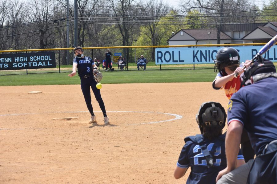 A Haverford softballer prepares to hit a Mady Volpe pitch.