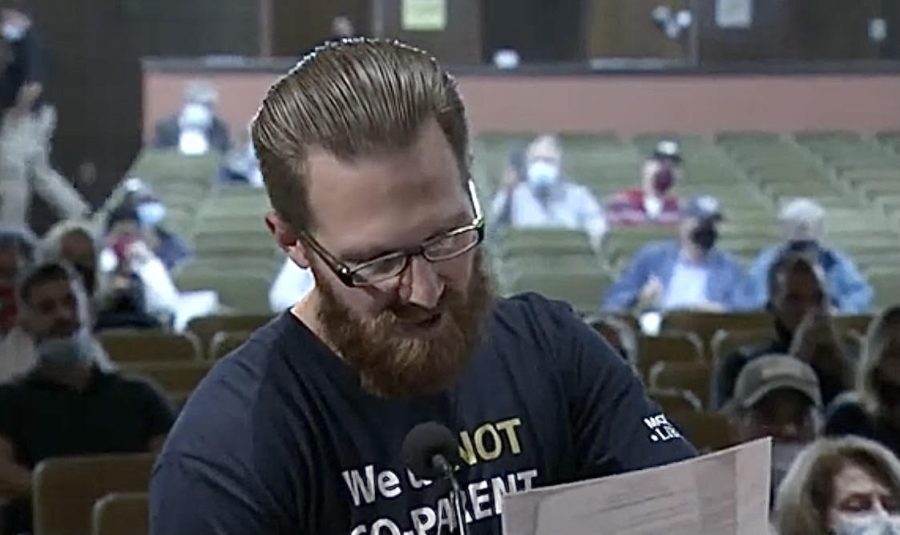 A community member addresses the North Penn School Board during the Oct. 21, 2021 Action Meeting, calling into question books in the schools libraries and educational policies overseen by the current board. 