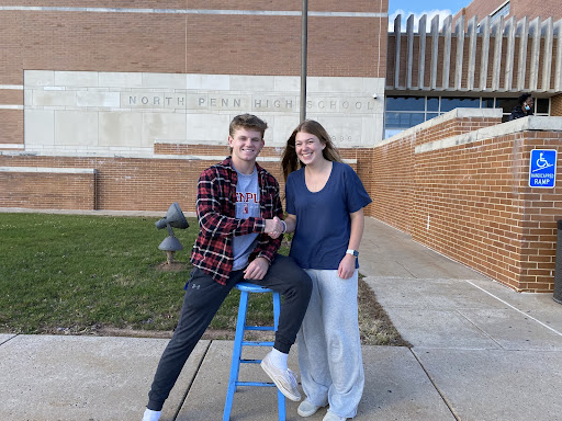 Spirit Stool! Pat Breen, aka the Pres pauses for a picture on the stool with KC reporter Molly Agriss. 