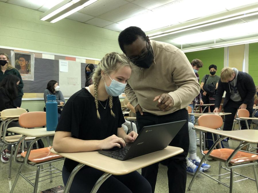 History in the Making: Mr. Steven Roberts works with a student in his history class at North Penn High School. Roberts is in his first year teaching at NPHS. 