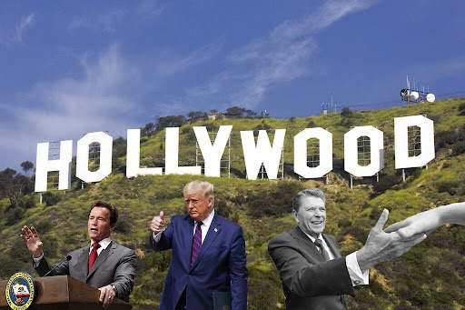 The big three celebrity politicians Arnold Schwarzenegger, Donald Trump, and Ronald Reagan, in front of the Hollywood Sign.