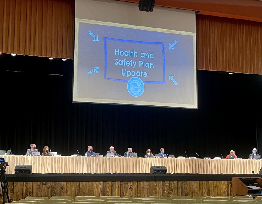 The North Penn School Board approves the revised Health and Safety plan in the NPHS auditorium where they discuss masking, testing, and distance learning.