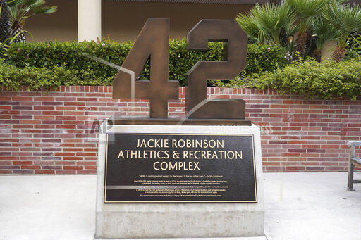 The No. 42 at the Jackie Robinson monument at the Jackie Robinson Athletics and Recreation Complex on the UCLA campus, Saturday, Jan. 2, 2021, in Los Angeles. Kirby Lee via AP)