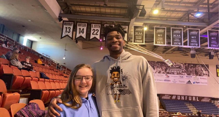 After the SBU Womens Basketball game on February 20th, 2022, the Knight Criers Maggie Robinson met Osun Osunniyi, senior center on the SBU Mens Basketball team.