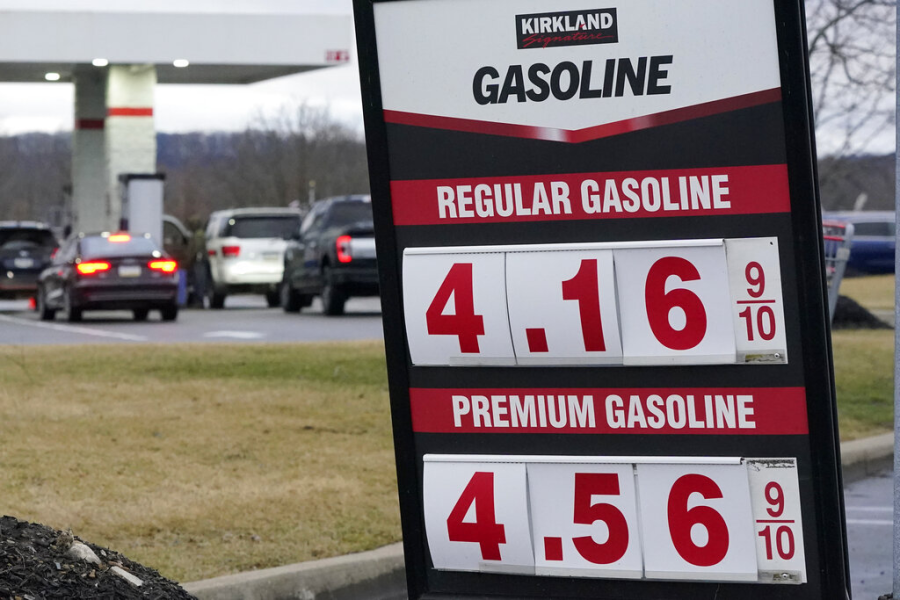A gallon of regular unleaded gas is $4.16.9 at a Costco Wholesale store in Cranberry Township, Pa., Monday, March 7, 2022. (AP Photo/Gene J. Puskar)