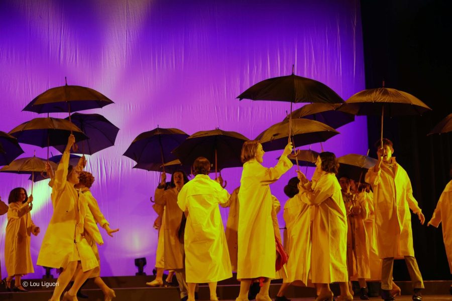 The cast of Singin in the Rain during a rehearsal a couple of days before opening night (photo credit: Lou Liguori Photography)