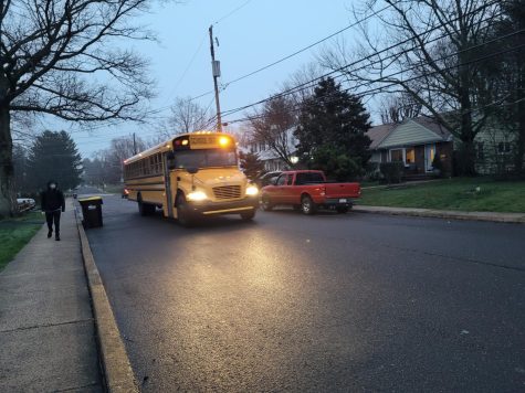 Bus 152 picks up North Penn High School students in North Wales borough. early in the morning on April 11, 2022. 
