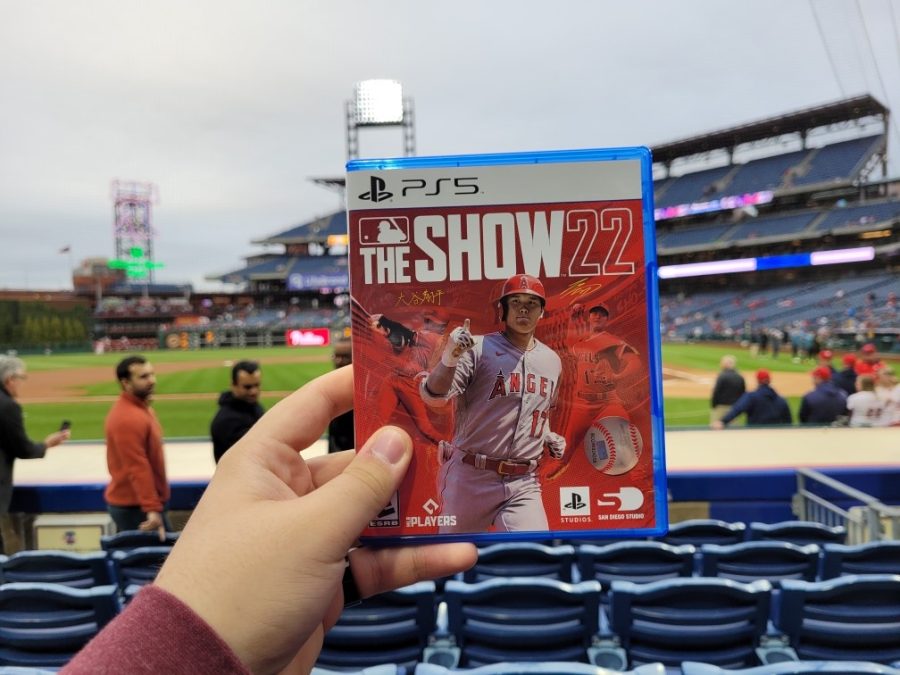 A copy of MLB: The Show 22 at the Philadelphia Phillies game at Citizens Bank Park, on April 25, 2022.