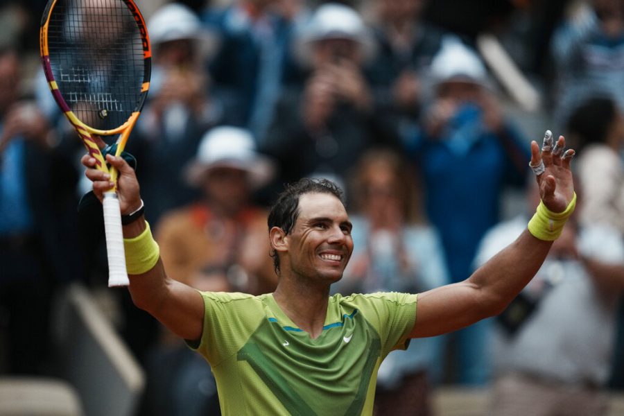 Spains Rafael Nadal celebrates winning against Australias Jordan Thompson in three sets, 6-2, 6-2, 6-2, during their first round match at the French Open tennis tournament in Roland Garros stadium in Paris, France, Monday, May 23, 2022. (AP Photo/Thibault Camus)