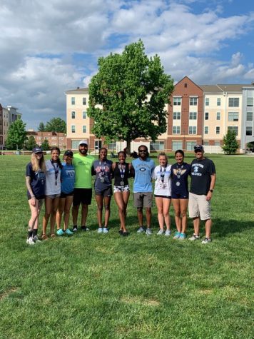 North Penn girls 4x100 team, long jumper Madison Gee, and Coaches Kayla Charles, Matt White, Brandon Turner, and Kyle Richhart after their successful weekend at Shippensburg University.