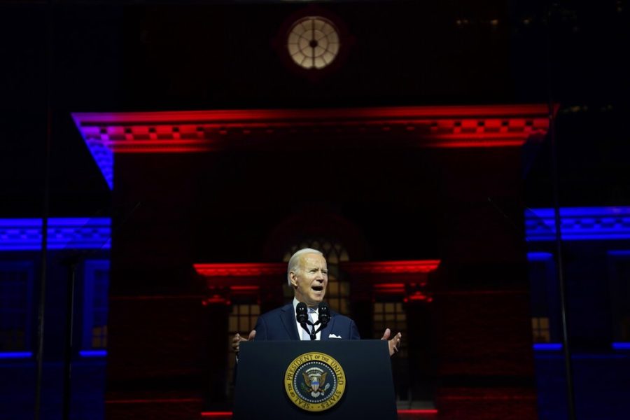 FILE - President Joe Biden speaks outside Independence Hall, Thursday, Sept. 1, 2022, in Philadelphia. Biden is making his third trip to Pennsylvania in less than a week and returning just two days after his predecessor, Donald Trump, staged his own rally there, illustrating the battleground states importance to both parties as Labor Day kicks off a nine-week sprint to crucial midterm elections. (AP Photo/Evan Vucci, File)