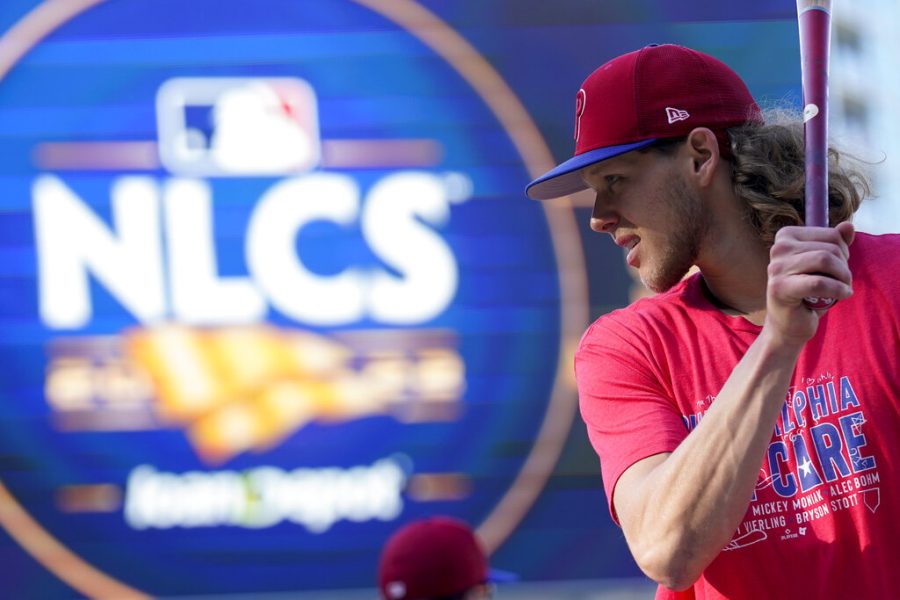 Philadelphia Phillies third baseman Alec Bohm looks on during practice ahead of Game 1 of the baseball NL Championship Series against the San Diego Padres, Monday, Oct. 17, 2022, in San Diego. The Padres host the Phillies for Game 1 Oct. 18. (AP Photo/Gregory Bull)
