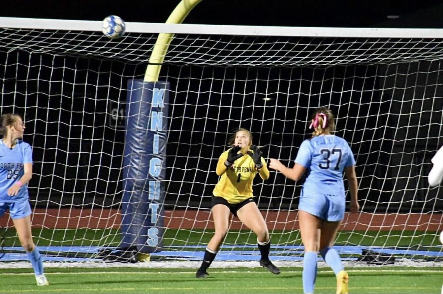 Julia Kile making a save against Great Valley in her last game as a Knight.