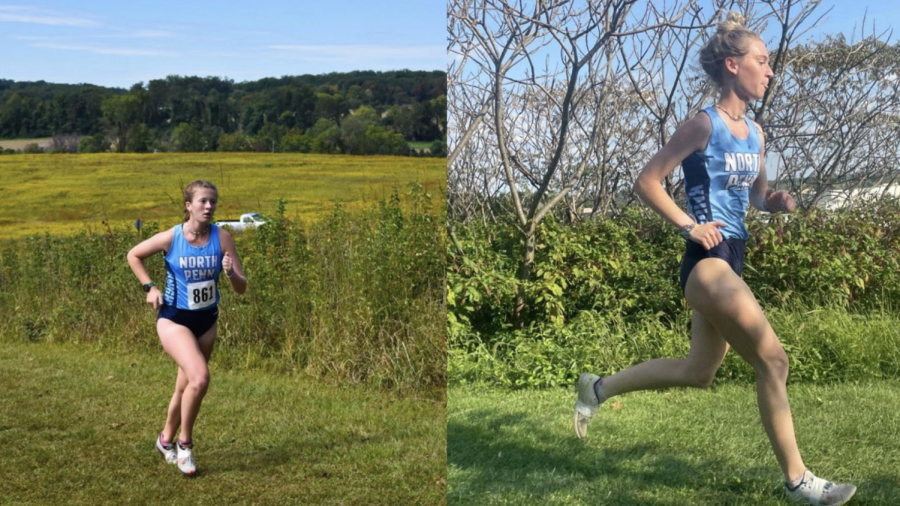  The captains of the girl’s cross-country team prove their worth with the face of determination to cross the finish line.