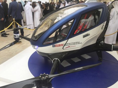 A model of EHang 184 and the next generation of Dubai Drone Taxi is seen during the second day of the World Government Summit in Dubai, United Arab Emirates, Monday, Feb. 13, 2017. Dubai hopes to have a passenger-carrying drone buzzing through the skyline of this futuristic city-state in July. Mattar al-Tayer, the head of Dubais Roads & Transportation Agency, made the surprise announcement Monday at the World Government Summit. (AP Photo/Jon Gambrell)
