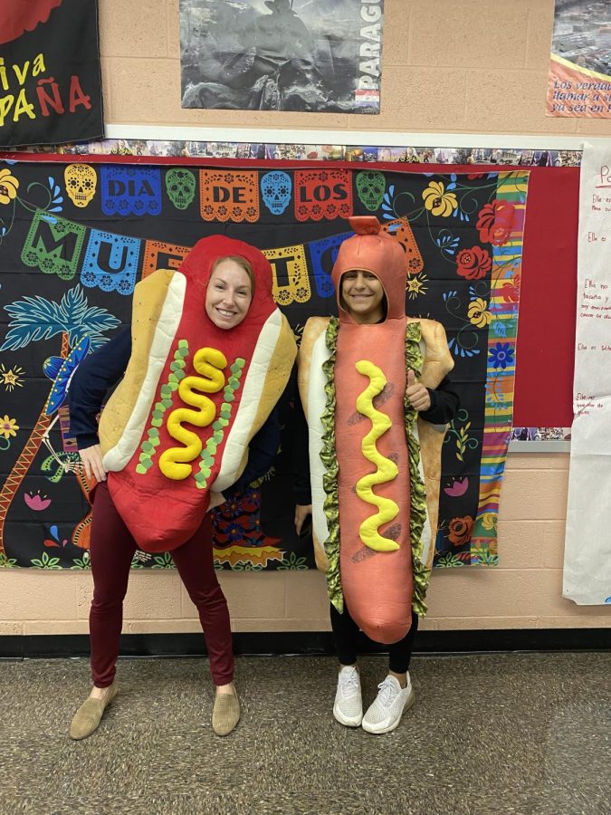 Feeling hungry? Senora Atkiss and Gardenia Mikhail (11th grade) appear as matching hotdogs