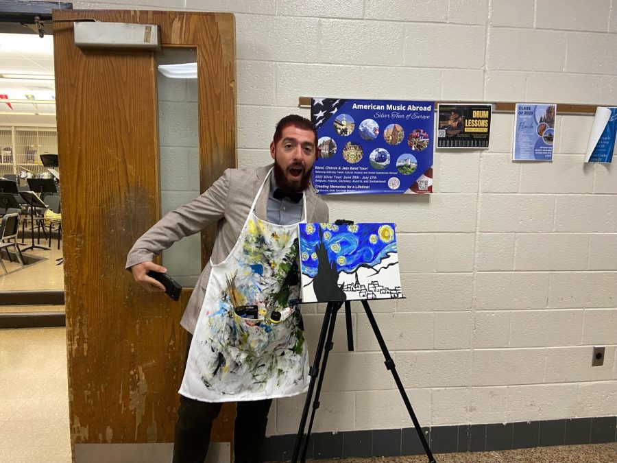 Showing off more than musical talents Mr. Santanello poses as the painter Vincent Van Gogh.