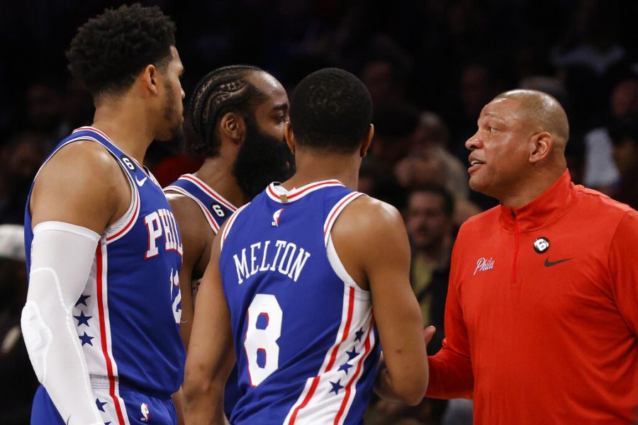 Philadelphia+76ers+head+coach+Doc+Rivers%2C+right%2C+talks+to+his+team+during+the+fourth+quarter+of+an+NBA+basketball+game+against+the+Brooklyn+Nets+Saturday%2C+Feb.+11%2C+2023%2C+in+New+York.+%28AP+Photo%2FJason+DeCrow%29