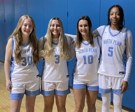 North Penn GBBs four seniors pose together on their last media day together.