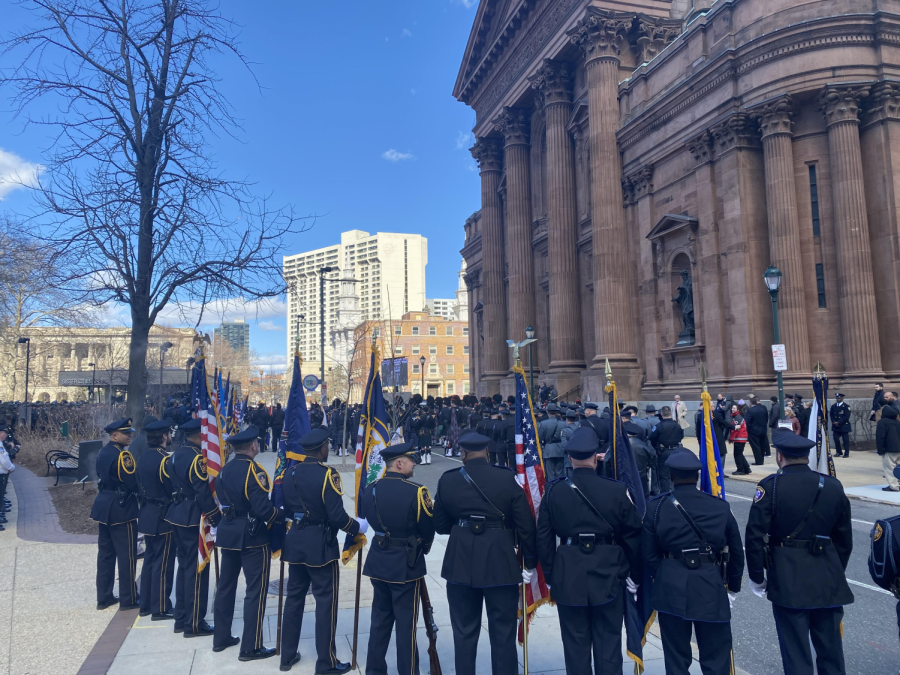 Officers+from+around+the+nation+outside+the+Cathedral+Basilica+of+Saints+Peter+and+Paul+waiting+for+the+casket+fallen+Temple+officer+Christopher+Fitzgerald+to+be+brought+out.